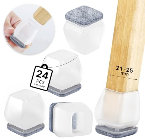 RCHYFEED Protection Pied de Chaise, 24 Pièces Protecteurs de Sol en Silicone Transparent, Patins en Feutre pour chaises, Petit Patin de Tampon de Sol pour sols en Bois Dur et carrelage-Carré