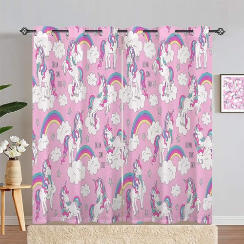 ANHOPE Regenbogen Cartoon Einhorn Vorhänge mit Ösen Kinder Mädchen Gardinen Blickdichte Thermo Vorhang Blackout Curtain Schlafzimmer Wohnzimmer Verdunklungsvorhänge 2er Set H 245 x B 140 cm