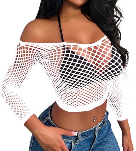 Buitifo Women Sexy Lingerie Fishnet Top Exotic Beach Cover Up(white wgtop,M)