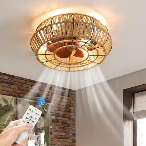 REYDELUZ Caged Ceiling Fan with Light Flush Mount, Boho,19.6 Inch Enclosed Rattan Ceiling Fans with Lights and Remote Control,Low Profile 6 Speeds for Bedroom, Living Room.