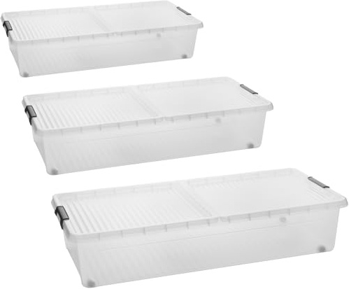 2friends Unterbettkommode mit Rollen Modell Ultra, 2er Set, Unterbett Aufbewahrungsbox Flach, 32 Liter mit Rollen, Transparent Bettkasten, Deckel, Clip-Verschlüssen, Aufbewahrung, Unterbettbox