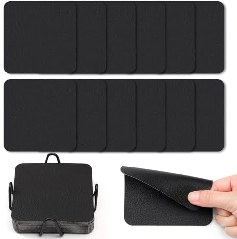 Myir JUN Posavasos Juego de 12 Posavasos 10cm Originales Cuadrados para Copas Posavasos de Cuero de Doble Cara Posavasos Impermeables Termoaislantes y con portavasos(Negro)