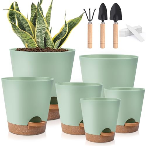 6 Pack Self Watering Pots Indoor, Plastic Flowers Pots for Indoor Outdoor Plants, Self Watering Planters With Drainage Hole and Saucers,Planter for Garden Plants,Plant Pots 8/7/6.5/6/5.5/5 Inch