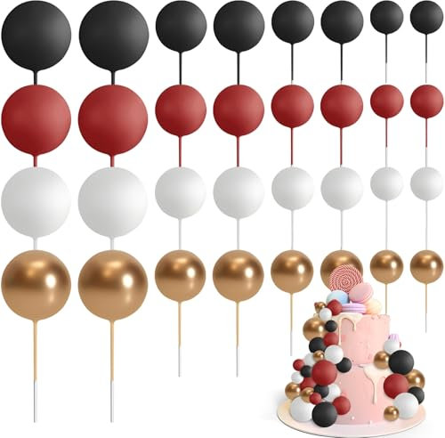 OEEYYT 32 Stück Tortendeko Kugeln Cake Topper Geburtstag Mini Kuchen Deko für Hochzeit Party Torten Deko (Rot Schwarz Weiß Gold)