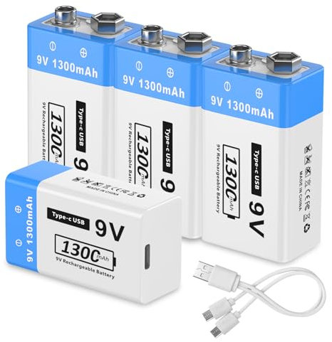 9V wiederaufladbare Lithium-Batterien, 1300mAh 6F22-Batterien mit hoher Kapazität für Rauchmelder, Metalldetektoren, Mikrofone und mehr(4 Pack )