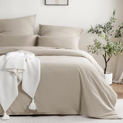 ATsense Bettwäsche 200x200 Baumwolle 3teilig, Stonewashed Bettwäsche-Sets Beige Ähnlich wie Leinen, Oeko-TEX, Hypoallergen und Atmungsaktiv, 1 Bettbezug und 2 Kissenbezug 80x80
