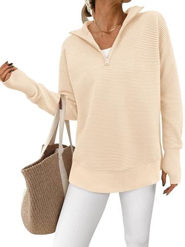 PRETTYGARDEN Womens Long Sleeve Quarter Zip Pullover Sweater Casual Loose V Neck Collared Ribbed Knit Jumper Tops Thumb Hole | Casual Loose V Neck Sweaters with Thumb Hole, Collared Ribbed Knit Jumper Tops, Oversized Tunic Tops, Fall Outfits 2026