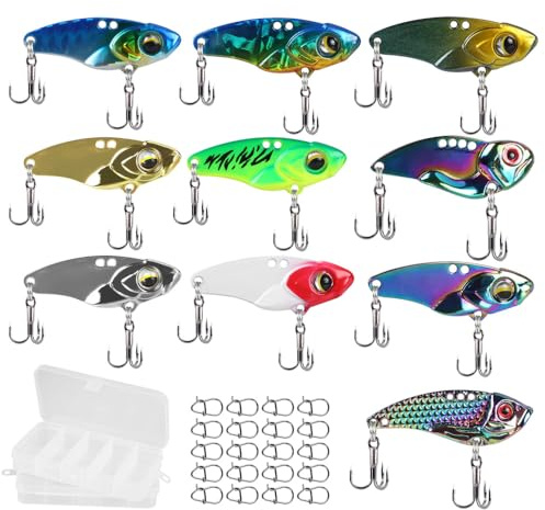Angelköder Set, 10 Stück Spinner Blade Köder mit Doppelhaken, Leuchtende Farben Wobbler Kunstköder Set mit 2 Tackle Boxen + 20 Wirbeln für Süßwasser und Salzwasser