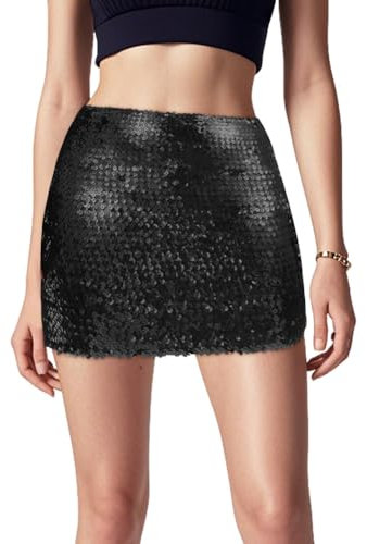 Aolso Glitzer Rock Pailletten, Pailettenrock Für Damen Glitzer Rock Kurz Damen Sexy Midi Skirt Hüftrock mit Elastische Taille Party Rave für Fasching Karneval Party Festival(Schwarz-Einheitsgröße)