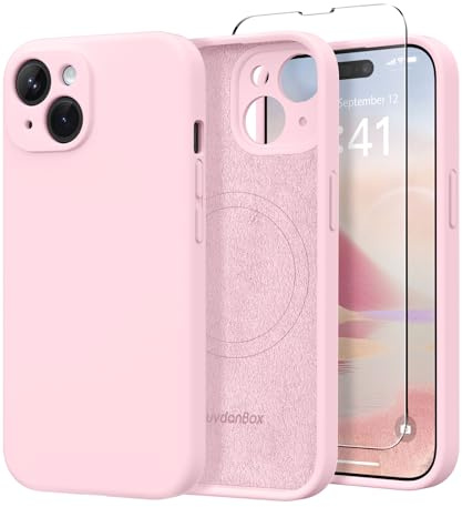 SuydanBox Magnetic for iPhone 15 Plus Case, Compatible with MagSafe, [Full Camera Protection][Screen Protector] Silicone Shockproof Protective Phone Case for iPhone 15 Plus 6.7, Chalk Pink