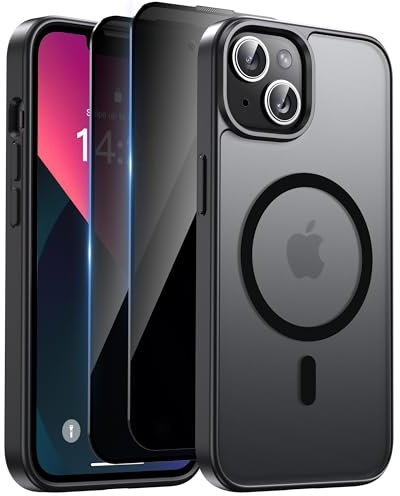 Aekyiwot Hülle für iPhone 13/iPhone 14 Magnetische Handyhülle für MagSafe, mit 2 Schutzfolie Sichtschutz Privacy Schutz, Hülle Kompatibel für iPhone 13/14 Stoßfest Kratzfest Schutzhülle, Schwarz