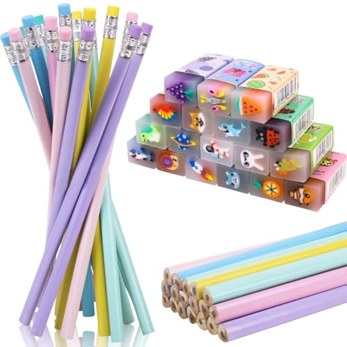 Fzyisw Bleistifte mit Radiergummi Set 36 Stück Mitgebsel Geburtstag | 18 Bleistifte und 18 Radiergummis, lustige Schulsachen für Jungen und Mädchen, Ideal als Geschenk und Schulbedarf
