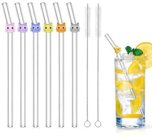 6 Pcs Glass Straws Shatter Resistant with Cute Cat, Colorful Reusable Straw Dishwasher Safe with 2 Cleaning Brushes for Cat Lover, Juice, Summer Beach, Birthday Party