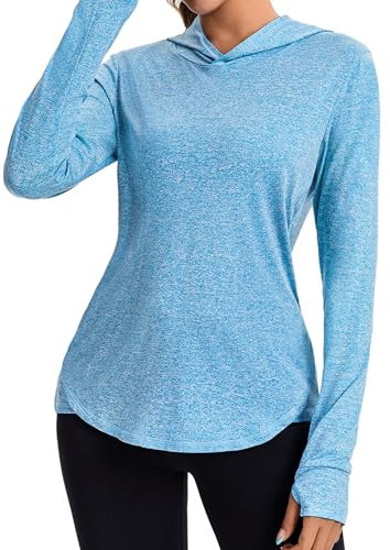 Gyabnw Ladies Long Sleeve Hoodie with Thumb Holes Reflective Back Strips Sun Protection Sports Top for Gym Yoga Running Outdoor Activities Blue