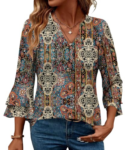 IEEILULU Chemisier Femme Chic et Élégant Manches 3/4 Col V Blouse Casual Couleur S-XL Marron S