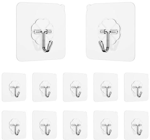 Jedebartey Ganchos adhesivos, 12 ganchos autoadhesivos, sin clavos, de plástico transparente resistente al agua, gancho de pared para puerta, baño, toalla, utensilios de cocina (12 unidades)