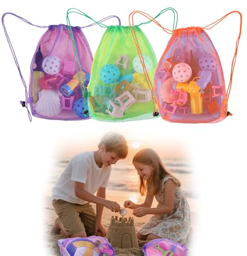 lasuroa 3stk Strandspielzeugbeutel, Netz-Rucksack Kordelzug für Sandspielzeug Muscheln Leicht Robust Muschelsammelbeutel für Kinder im Sandkasten Urlaubsutensilien Spielen im Freien (3 Farben)
