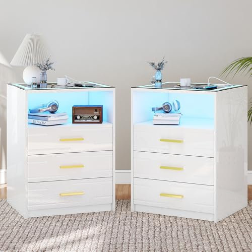 Gurexl Smart Nachttisch 2er Set,Modern Nachtschrank mit ladestation,Beistelltisch mit 24 farbigen RGB Lichtern,Bedside Table mit Glasplatte,1 offene Fächer,Hochglanz,für Schlafzimmer,weiß