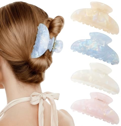 NHGKJU Lot de 4 pinces à cheveux en acétate de nacre (8,2 cm) – Grandes pinces à cheveux pour cheveux épais en 4 couleurs (blanc, jaune, rose, bleu) – Accessoires de cheveux élégants pour femme