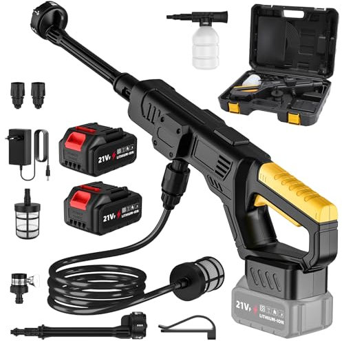 Nettoyeur Haute Pression sans Fil, 50 Bar Nettoyeur Haute Pression sur Batterie avec 2 x 3,0 Ah Batteries, Buse 6 en 1, Moteur en Cuivre Pur de 300 W, Tuyau 5m, Adapté pour Voiture, Jardin