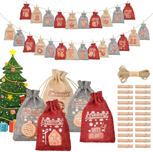 Huucozn 24 Stück Adventskalender zum Befüllen Weihnachtskalender 2025 Säckchen Jutesäckchen 14 x 10cm Tüten Säckchen für Kinder Stoff SäckchenGeschenktüten Weihnachten Selbst befüllen und Aufhängen