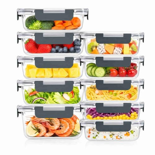 DYUEE Glass Meal Prep Containers with Lids 10Pack Food Storage Containers | 1050ml & 370ml Reusable Airtight Stackable Leakproof Lunch Box for Microwave/Freezer/Dishwasher