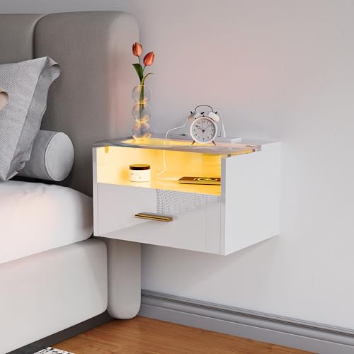 Nachttisch Hängend mit RGB LED-Beleuchtung & 2 AC-Steckdose/2 USB-Anschlüsse,3-Stufiger Nachtkästchen Schwebend mit Holz Einer Schublade,Ablagefläche aus gehärtetem Glas für Schlaf & Wohnzimmer(Weiß)