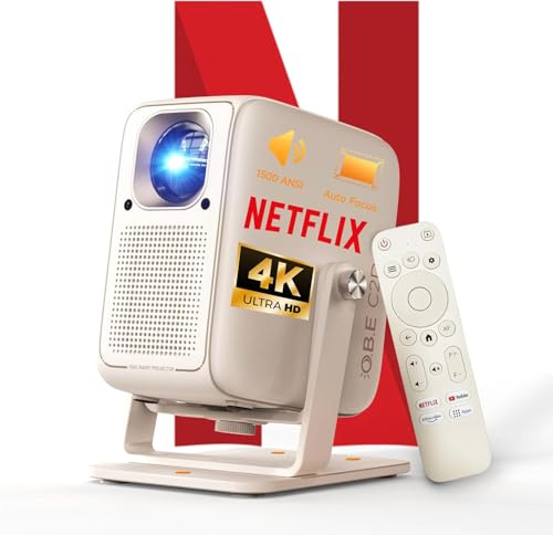O.B.E Outdoor-Smart-Projector【Official Licensed Apps】, Movie Night Projector with WiFi and Bluetooth , 500 ISO Lumens Full HD 4K Decording Projector , Compatible with Smartphone, HDMI, TV Stick, PS5