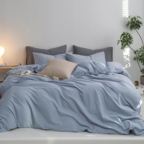 Sedefen Bettwäsche 200x220 cm Baumwolle Blau,Oeko-TEX zertifizierte | Baumwollbettwäsche,Renforce Bettwäsche,Leinenoptik Bettwäsche für Allergiker,Bettbezug mit Reißverschluss 2 Kissenbezug 80x80