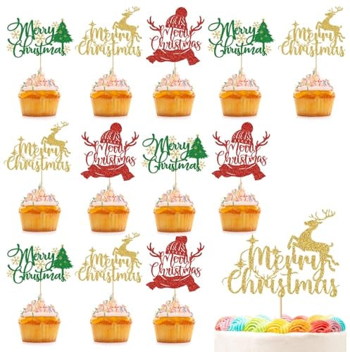 KASESSS Tortendeko Weihnachten Set, Cupcake Topper Weihnachten Mit Baum, Hirsch Und Hut Motiven, Glitzer Merry Christams Cake Topper Weihnachts Tortendeko FüR Weihnachts Dekorationen Feier ZubehöR