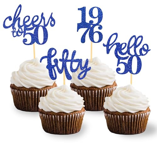 24 Stück 50. Geburtstag Cupcake Topper 50 von 1976 für Deko 50.Geburtstag | Blau Geburtstagsdeko 50, Glitzer 50 Kuchendekoration, 50 Geburtstagsfeier Zubehör Party Dekoration