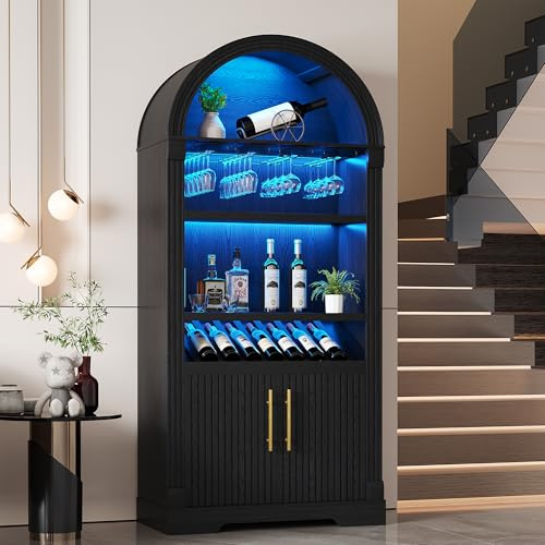 LVSOMT Weinschrank mit LED-Beleuchtung, 180cm Bogen Barschrank, Schwarz | Weinschränke mit Bewegungssensor, Hängendes Tassenregal, Tür Stauschrank, Stufen Küchenschrank für Küche Esszimmer Wohnzimmer