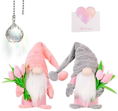 Lotvic Grazioso gnomo con tulipani, 2 pezzi gnomi primavera tulipani decorazione per interni, festa della mamma, ringraziamento, dimensioni 37 x 8 x 6 cm (rosa + grigio)