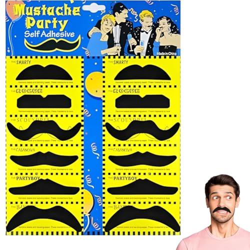 12 Pcs Schnurrbart zum Ankleben, Schwarze Schnauzer, Schnurrbart Selbstklebend, Aufkleber für Gefälschte Barte, Geeignet für Mexikanisch 70er und 80er Jahre Gringo, Karneval, Themenparty usw