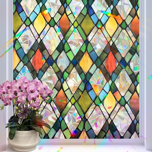 Sevenpers Rainbow Window Film Privacy Stained Glass Window Film 44.5x200cm | UV Blocking Static Cling No residue Ideal for Living Room, Bedroom, Study, and Office