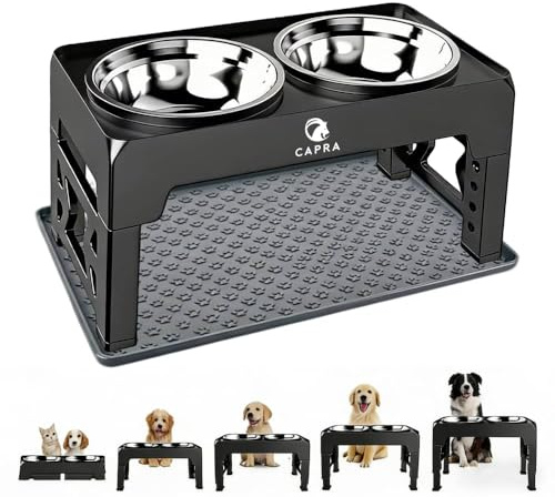 CAPRA Dog Bowls with Stand & Feeding Mat | Raised Dog Bowl Feeder with 2 Large 1300ml Stainless Steel Bowls | Adjustable Height, Foldable, Non-Slip, Easy Clean for All Dog Sizes (Bowls+Stand+Mat)