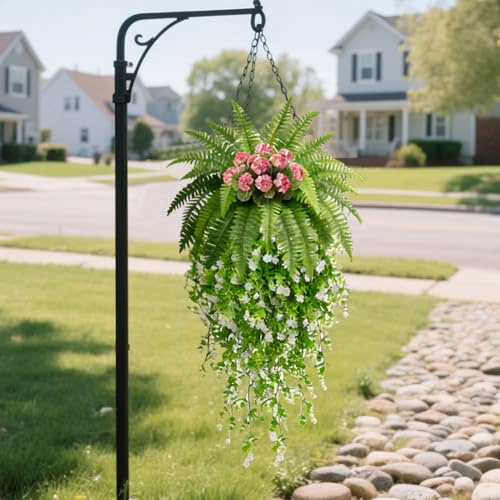 JOYWU Artificial Flowers Fake Plants for Outdoor Decoration,12 Pcs UV Resistant Fake Fern Faux Greenery Set with 3 Artificial Boston Ferns,3 Peony Flowers and 6 Faux Hanging Eucalyptus for Baskets