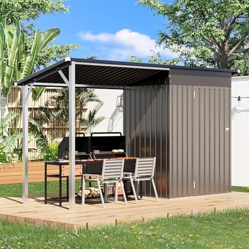 YODOLLA Metall Gartenhaus mit anbau Gazebo, 297x112x185cm Gerätehäuser | Außen-Geräteschuppen mit seitlich offenem Pergola-Dach, 2,79 m² Überdachung, Grau