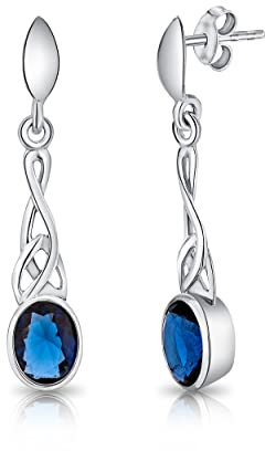 DTPsilver - Boucles d'oreilles Pendantes en Argent Fin 925 - Fermoir Poussette - Noeud de la Trinité Triquetra - Collection Celtique - Bleu Saphir
