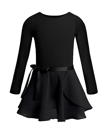 Freebily Kinder Mädchen Ballettanzug Langarm Ballett Trikot Bodysuit Chiffon Wickelrock Outfits Tanz-Body Ballettbekleidung Turnanzug Set Gr.92-164 Schwarz 98-104/3-4 Jahre