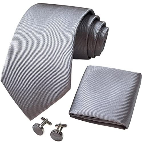 CANGRON Herren Grau Krawatte Set Krawatte mit Einstecktuch Manschettenknöpfe Geschenkbox DLSCTHU