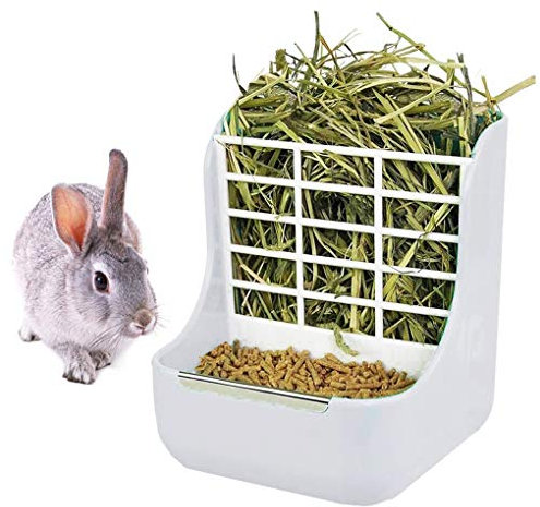 Kaninchen-Futterstation für Kaninchen, Heu, Futterbehälter, Heu und Futter Futternäpfe Krippe Rack für Kaninchen, Meerschweinchen, Chinchilla und andere Kleintiere (weiß)