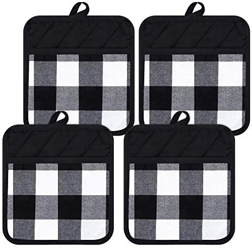 4 Pezzi Presine Buffalo Check con Tasca Presine in Cotone Buffalo Guanti di Stoffa Scozzese Presine Tascabili in Bianco e Nero per Cucina