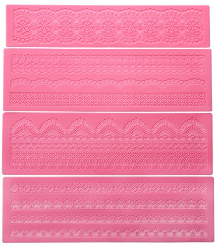 Hedume Juego de 4 alfombrillas de silicona comestibles para fondant con impresión de encaje, moldes de encaje de silicona de 39,4 cm, moldes de encaje de fondant, moldes de flores para decoración de