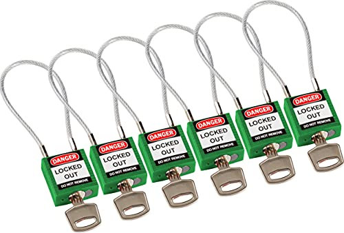 Brady Candado de Cable Compacto Paquete de 6 - Bloqueo de Seguridad Lockout Tagout - Candado de Seguridad - Llaves Diferentes - 32mm x 35mm x 16mm - Longitud del Cable 200mm, Verde