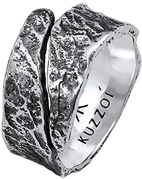 Kuzzoi Herrenring im kunstvoll strukturiertem Used Design, Bandring massiv (12 mm) breit in 925 Sterling Silber, Silberring gehämmert, Ring für Männer, Bikerring, Ringgröße 60, 0604832121_60