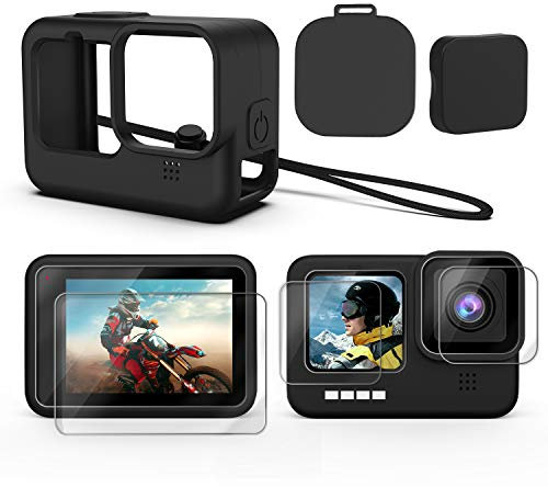Kit di accessori per GoPro Hero 9, custodia protettiva in silicone con tappo in gomma + 6 pellicole protettive in vetro temperato con copriobiettivo per GoPro Hero 9
