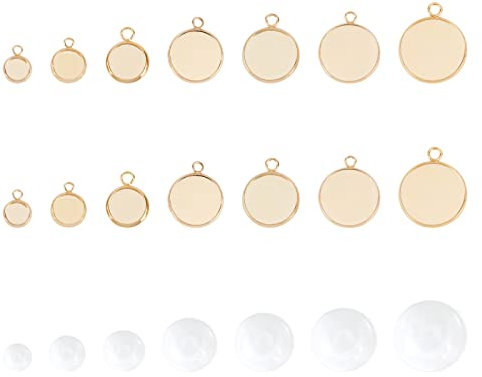 UNICRAFTALE 14pcs 7 Styles Pendentif Cabochon en Acier Inoxydable Doré avec 14pcs Cabochons en Verre Transparent Environ 11-26.5mm Long Lunette Pendentif Blanks Plats Ronds Pendentifs Plateaux