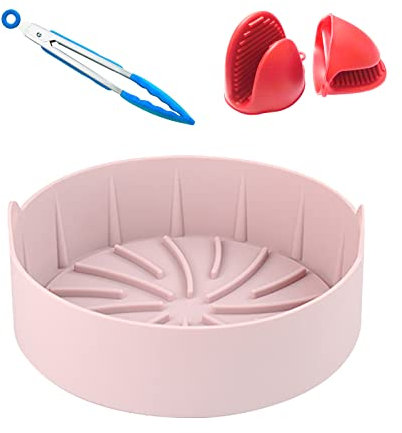 Cicano Olla de silicona para freidora de aire, 22 cm, cesta de repuesto para freidora de aire, reutilizable, color rosa, con 2 guantes de silicona + clip
