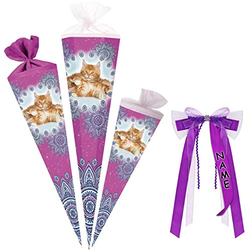 alles-meine.de GmbH Schultüte - süße Katzen 35-85 cm Größe wählbar inkl. Name + Verschluß-Schleife - Zuckertüte - Tüllabschluß/Filzabschluß - eckig/rund - Mädchen - k..